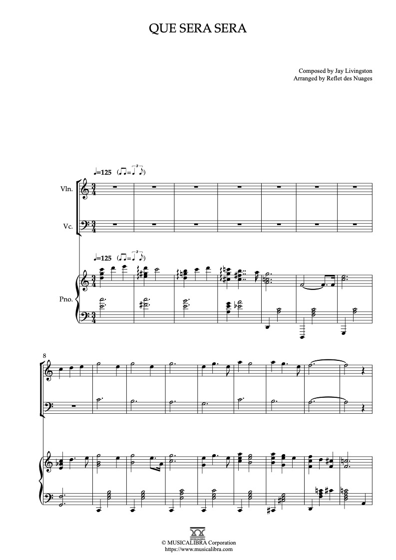 Sheet music of Que sera sera arranged for violin, cello and piano trio chamber ensemble preview page 1