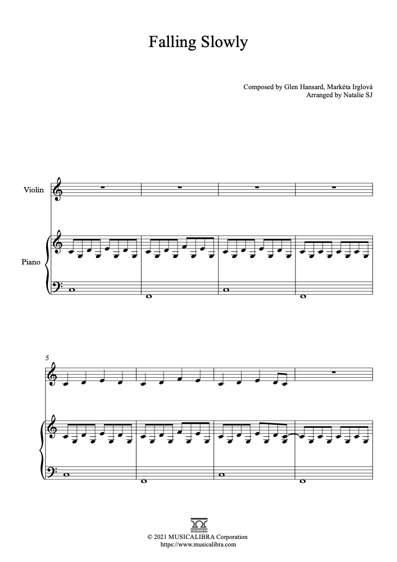 Free Sheet music of Falling Slowly arranged for violin and piano duet chamber ensemble preview page 1