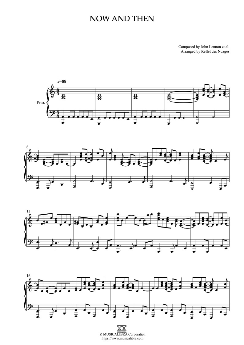 Sheet music of The Beatles Now and Then arranged for piano solo preview page 1