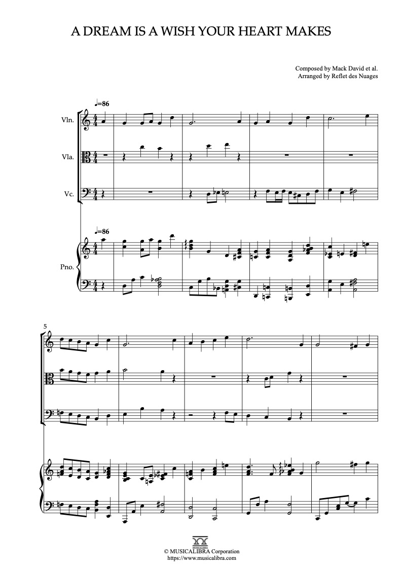 Sheet music of Cinderella A Dream Is a Wish Your Heart Makes arranged for violin, viola, cello and piano quartet chamber ensemble preview page 1