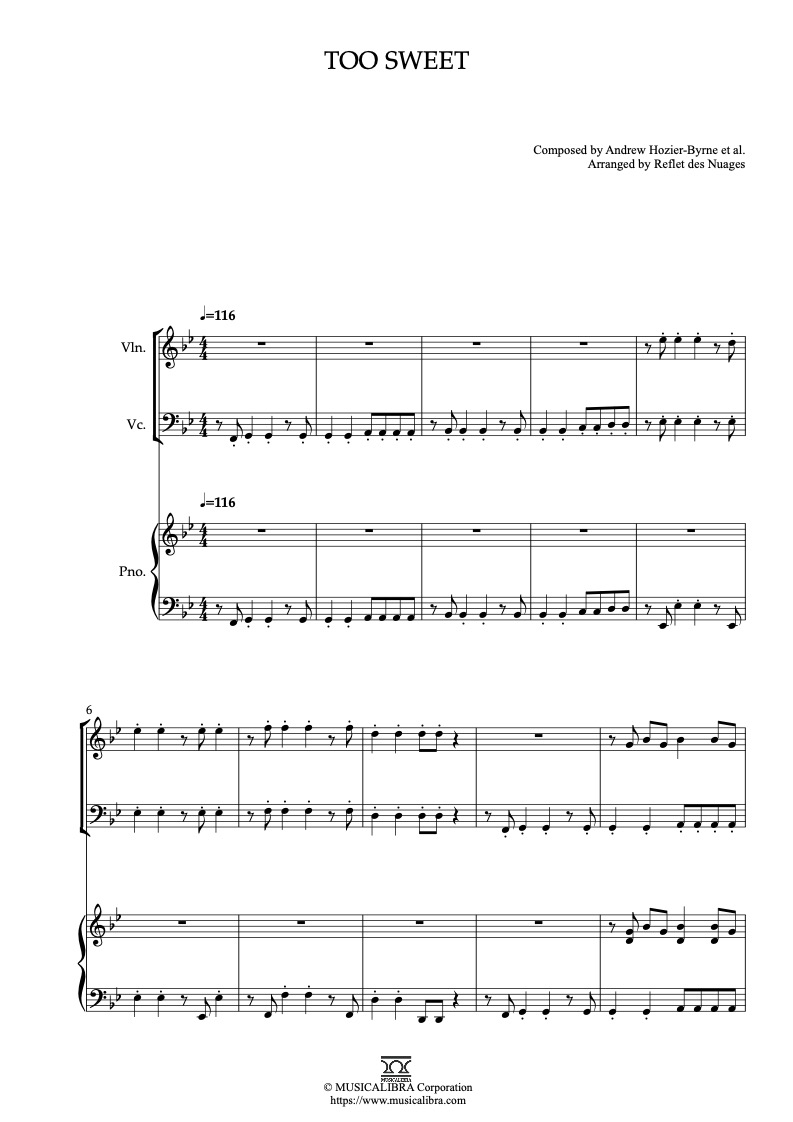 Sheet music of Hozier Too Sweet arranged for violin, cello and piano trio chamber ensemble preview page 1
