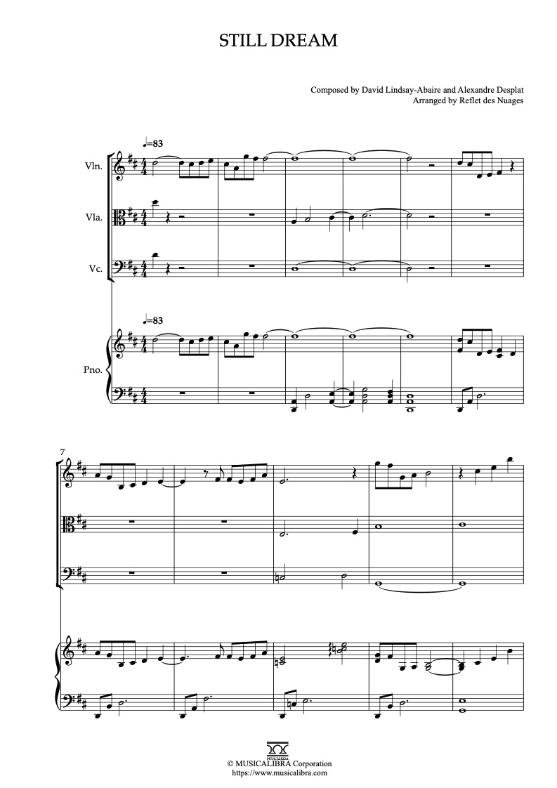 Partitura de Rise of the Guardians Still Dream arreglada para cuarteto de violín, viola, violonchelo y piano