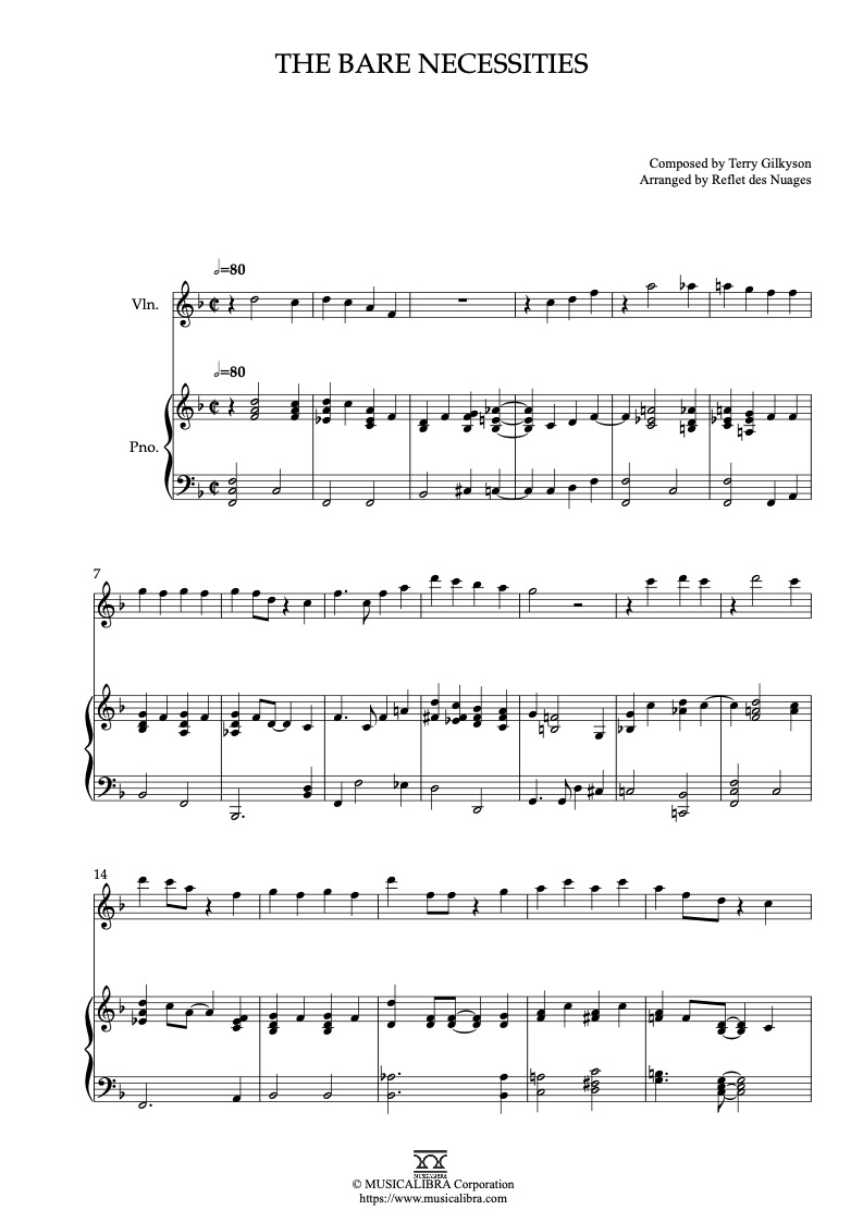 The Jungle Book The Bare Necessities 二重奏 乐谱 - 小提琴, 钢琴