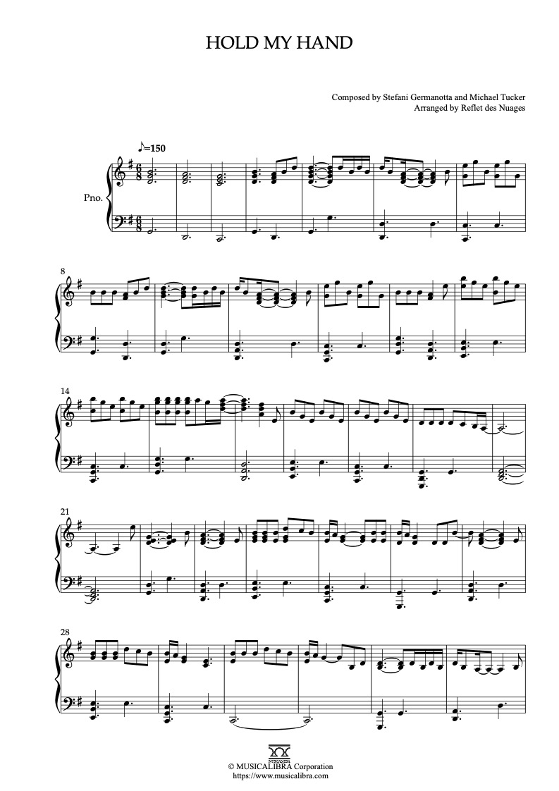 Sheet music of Top Gun: Maverick Hold My Hand arranged for piano solo preview page 1