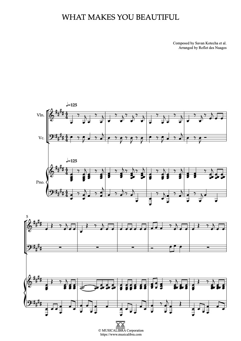 Partitura de One Direction What Makes You Beautiful arreglada para trío de violín, violonchelo y piano