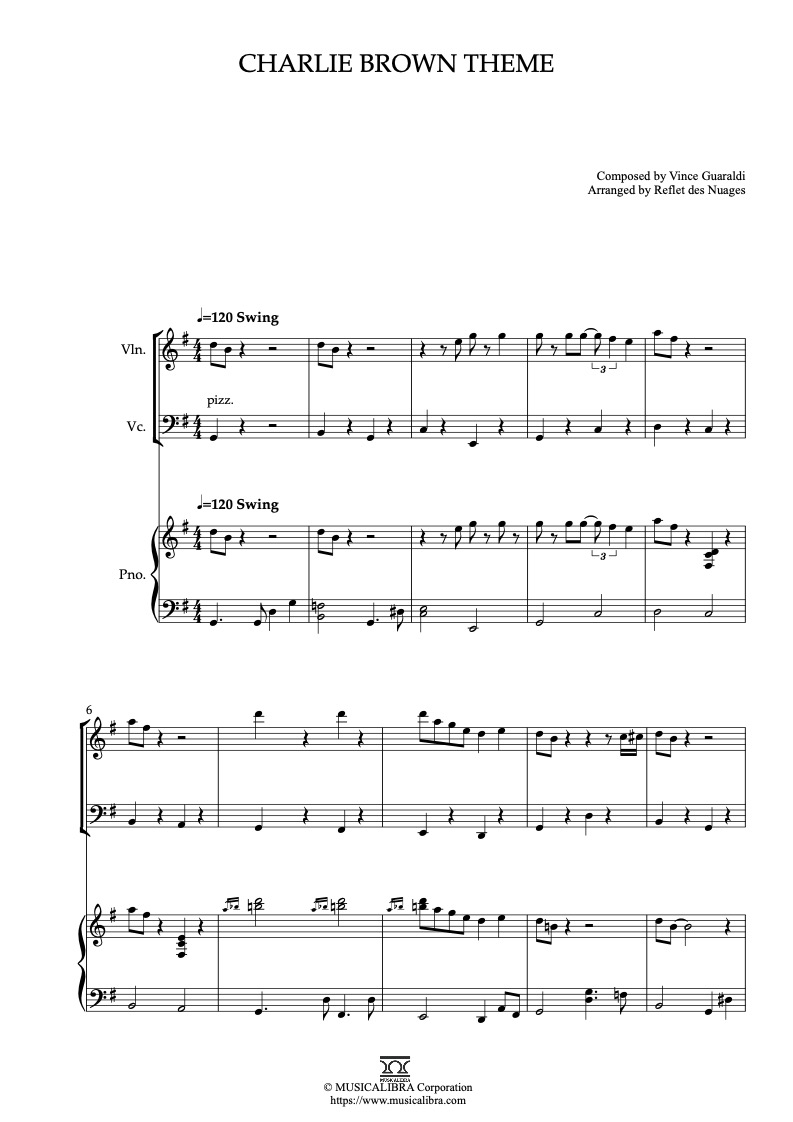 Sheet music of Somewhere in My Memory arranged for violin, cello and piano trio chamber ensemble preview page 1