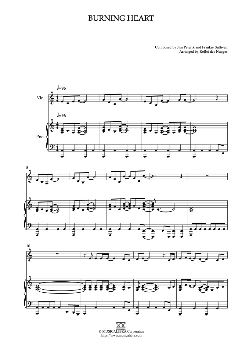 Partitura de Rocky Themes Burning Heart arreglada para piano solo