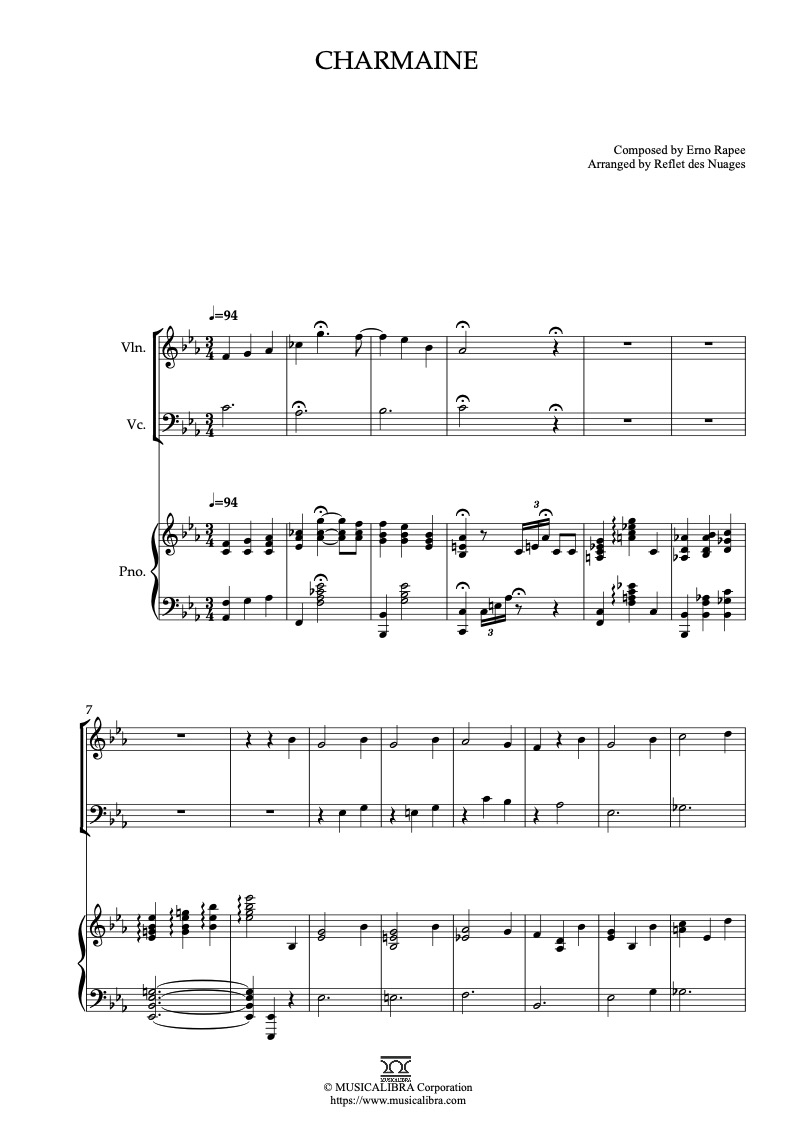 Sheet music of Charmaine arranged for violin, cello and piano trio chamber ensemble preview page 1