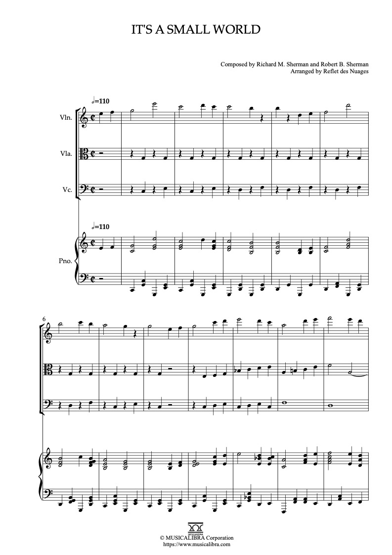 Sheet music of It's a Small World arranged for violin, viola, cello and piano quartet chamber ensemble preview page 1