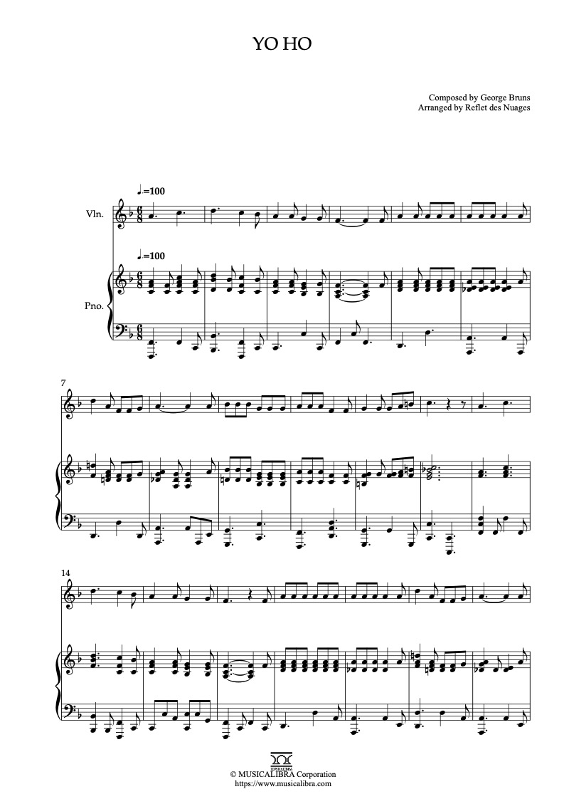 Partitura de A Pirates Life for Me Yo Ho arreglada para dueto de violín y piano