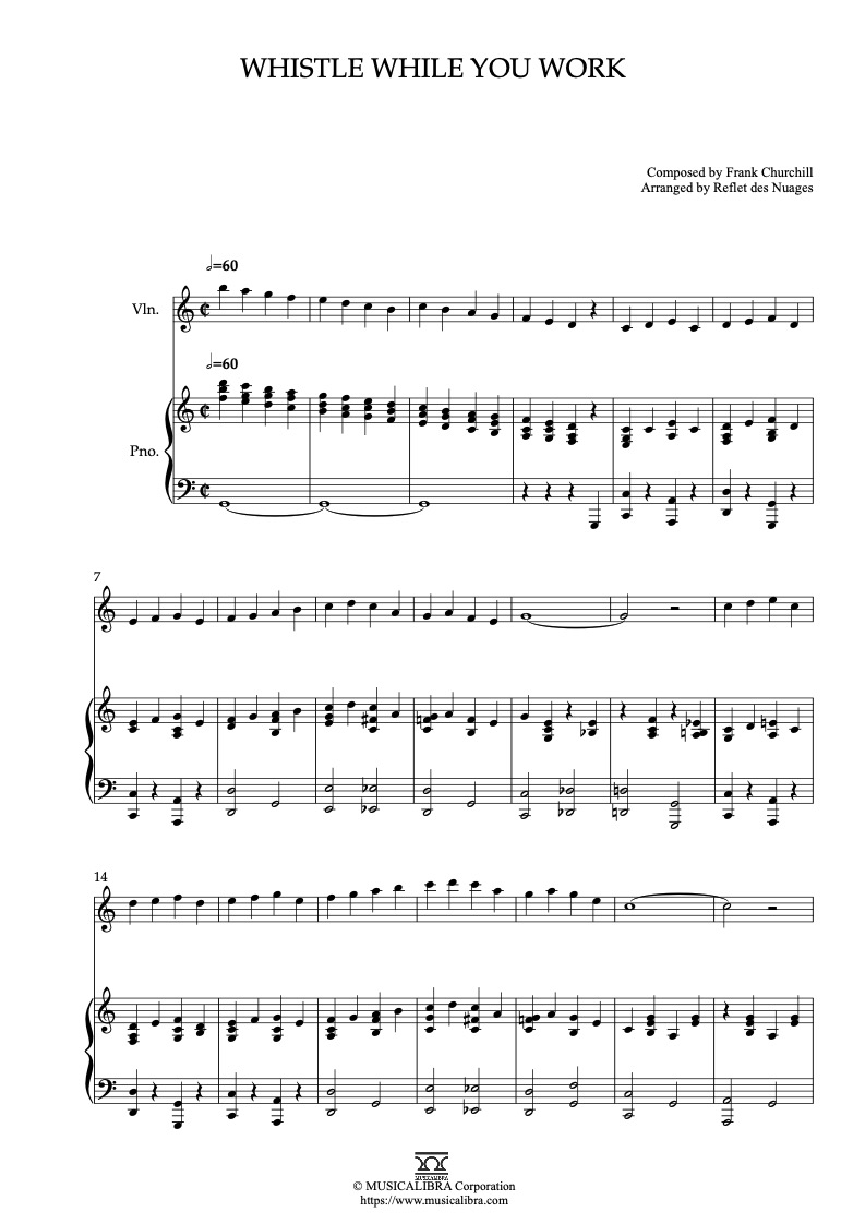 Partitura de Snow White and the Seven Dwarfs Whistle While You Work arreglada para dueto de violín y piano
