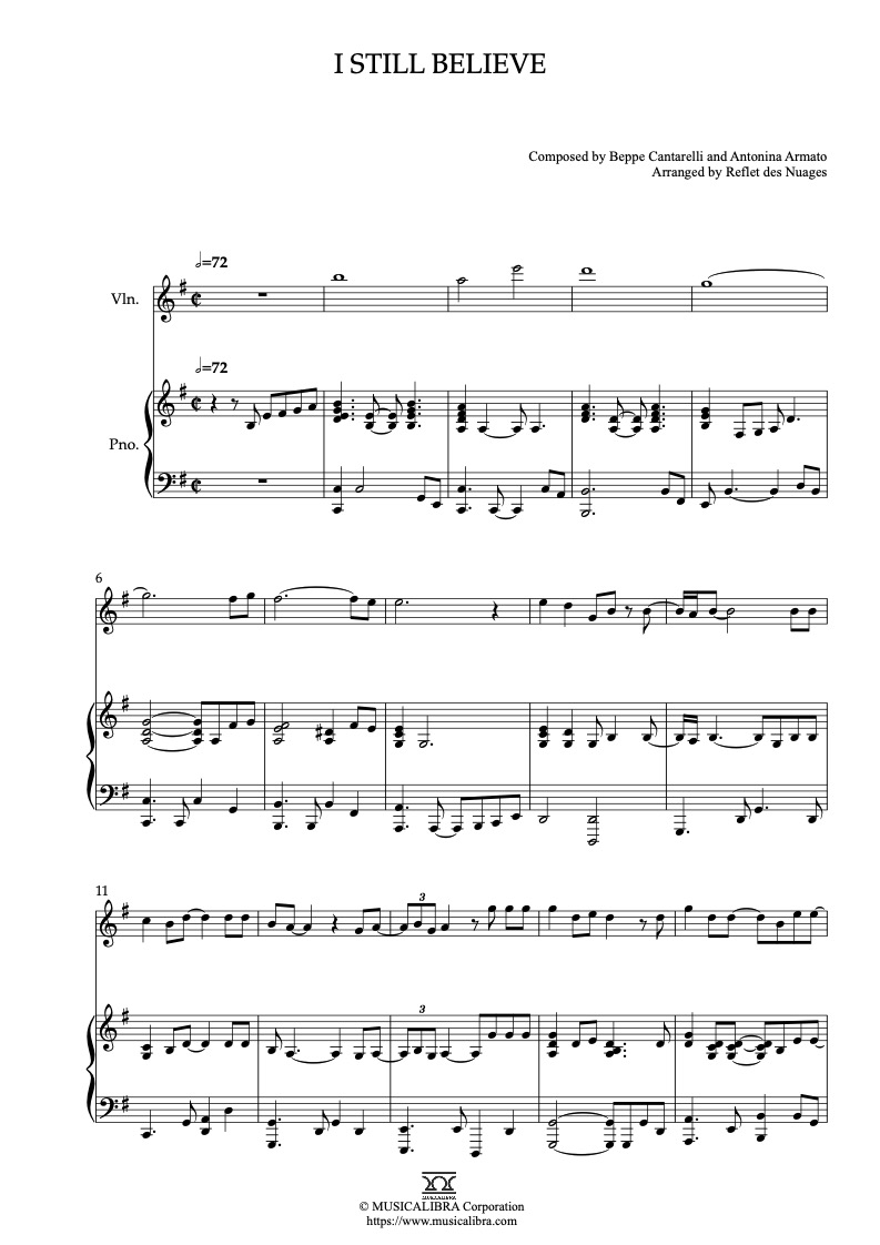 Sheet music of Mariah Carey I Still Believe arranged for violin and piano duet chamber ensemble preview page 1
