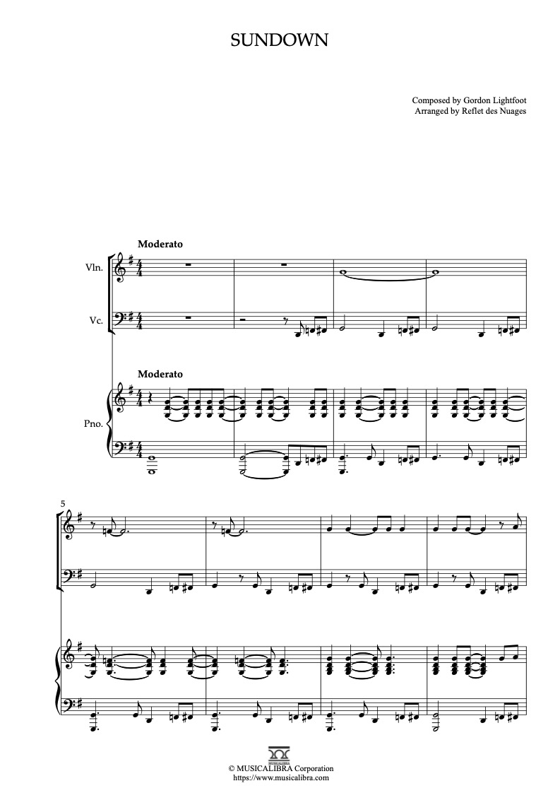 Sheet music of Gordon Lightfoot Sundown arranged for violin, cello and piano trio chamber ensemble preview page 1