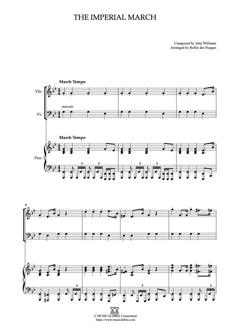 Partitura de Star Wars The Imperial March arreglada para trío de violín, violonchelo y piano