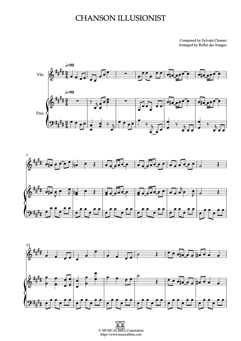 Sheet music of The Illusionist Chanson Illusionist arranged for violin and piano duet chamber ensemble preview page 1
