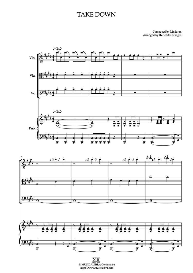 Partitura de KPop Demon Hunters Take Down arreglada para cuarteto de violín, viola, violonchelo y piano