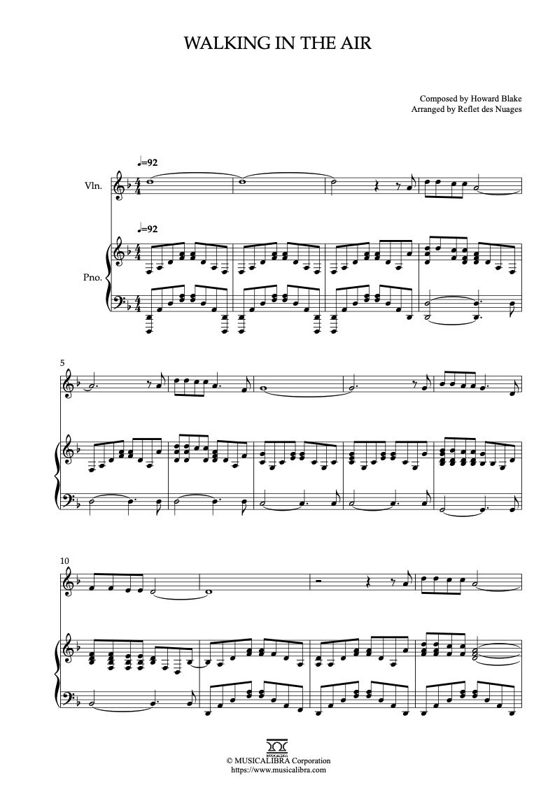 Partitura de The Snowman Walking in the Air arreglada para dueto de violín y piano