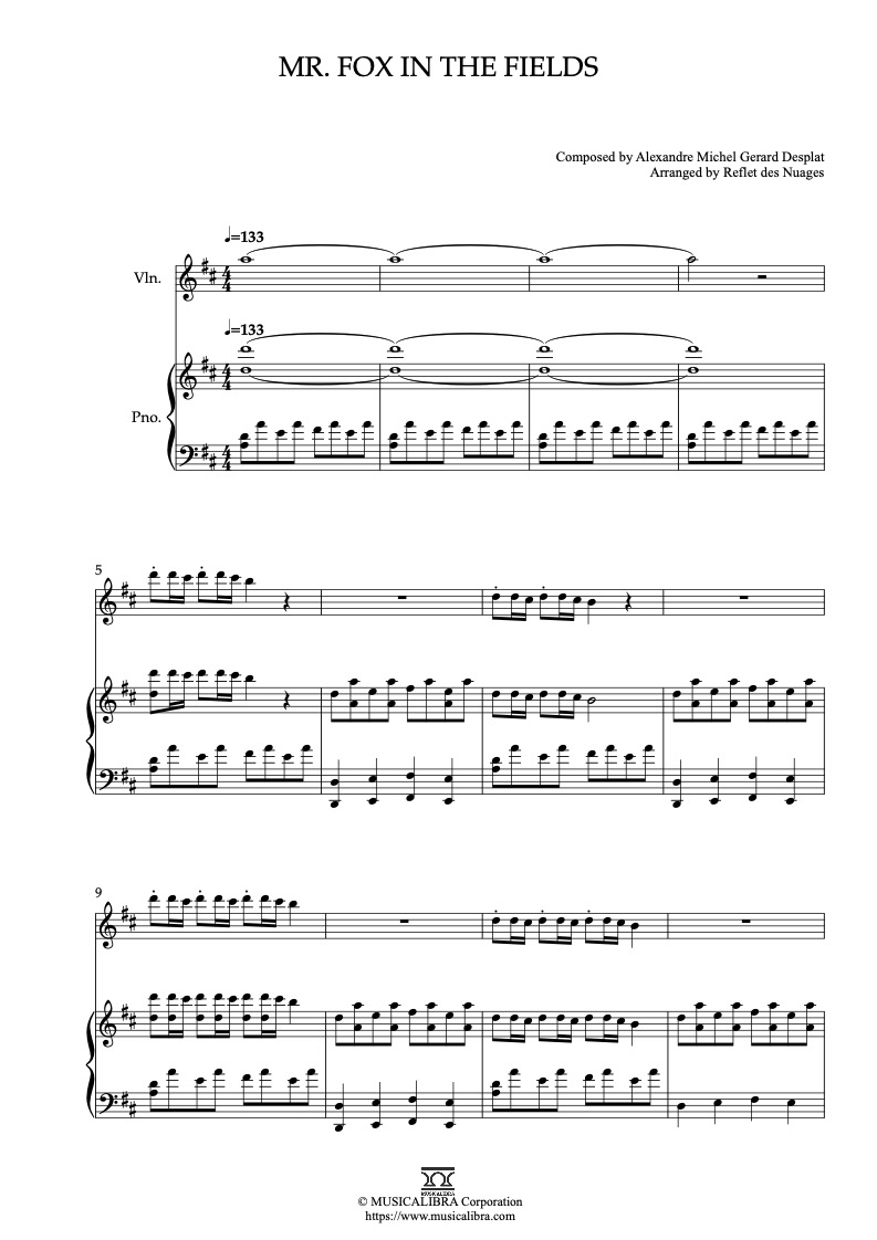 Partitura de Fantastic Mr. Fox Mr. Fox in the Fields arreglada para dueto de violín y piano