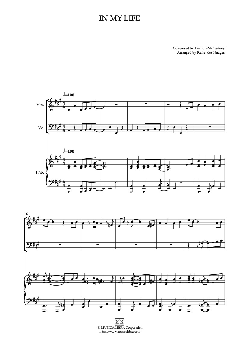 The Beatles In My Life 編曲楽譜 - ヴァイオリン、チェロ、ピアノトリオ