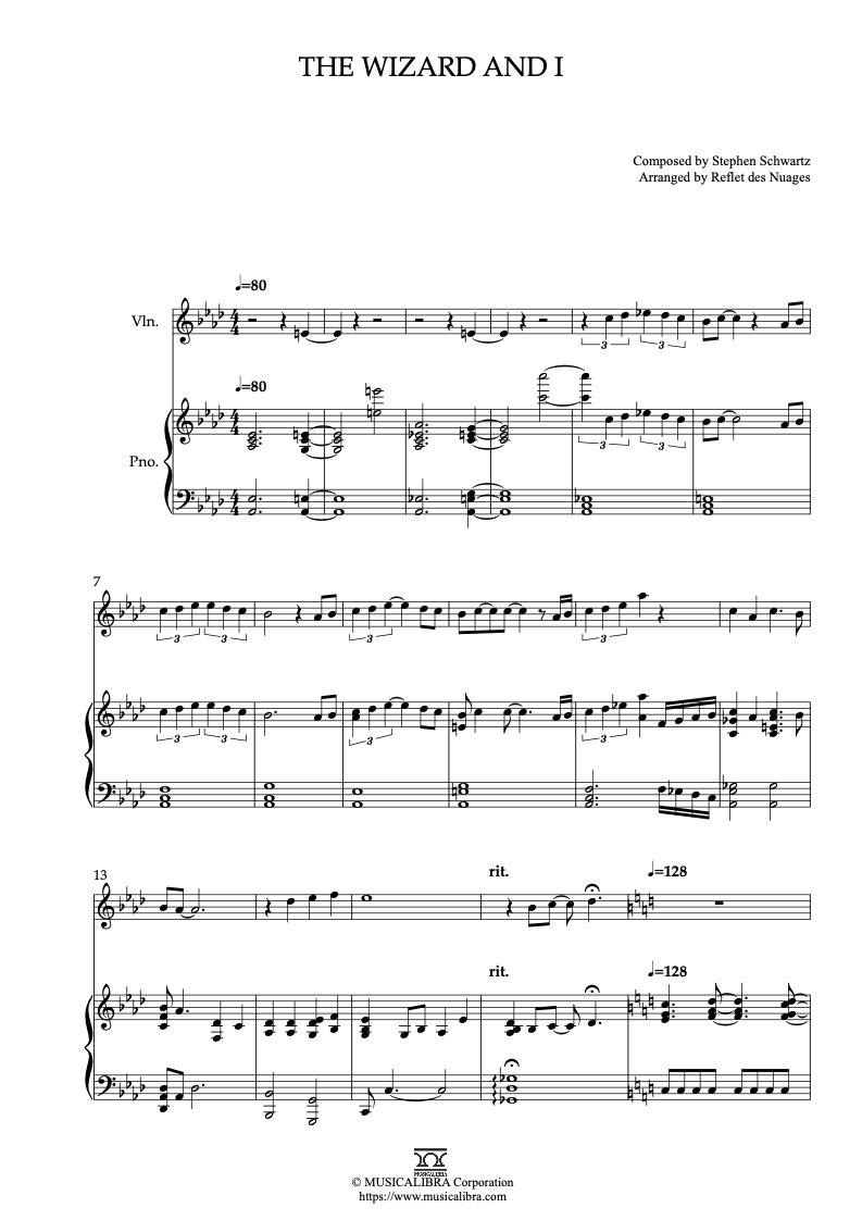 Sheet music of Wicked The Wizard and I arranged for violin and piano duet chamber ensemble preview page 1