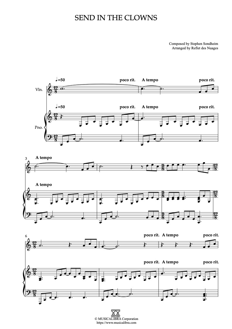Sheet music of Send in the Clowns arranged for violin and piano duet chamber ensemble preview page 1
