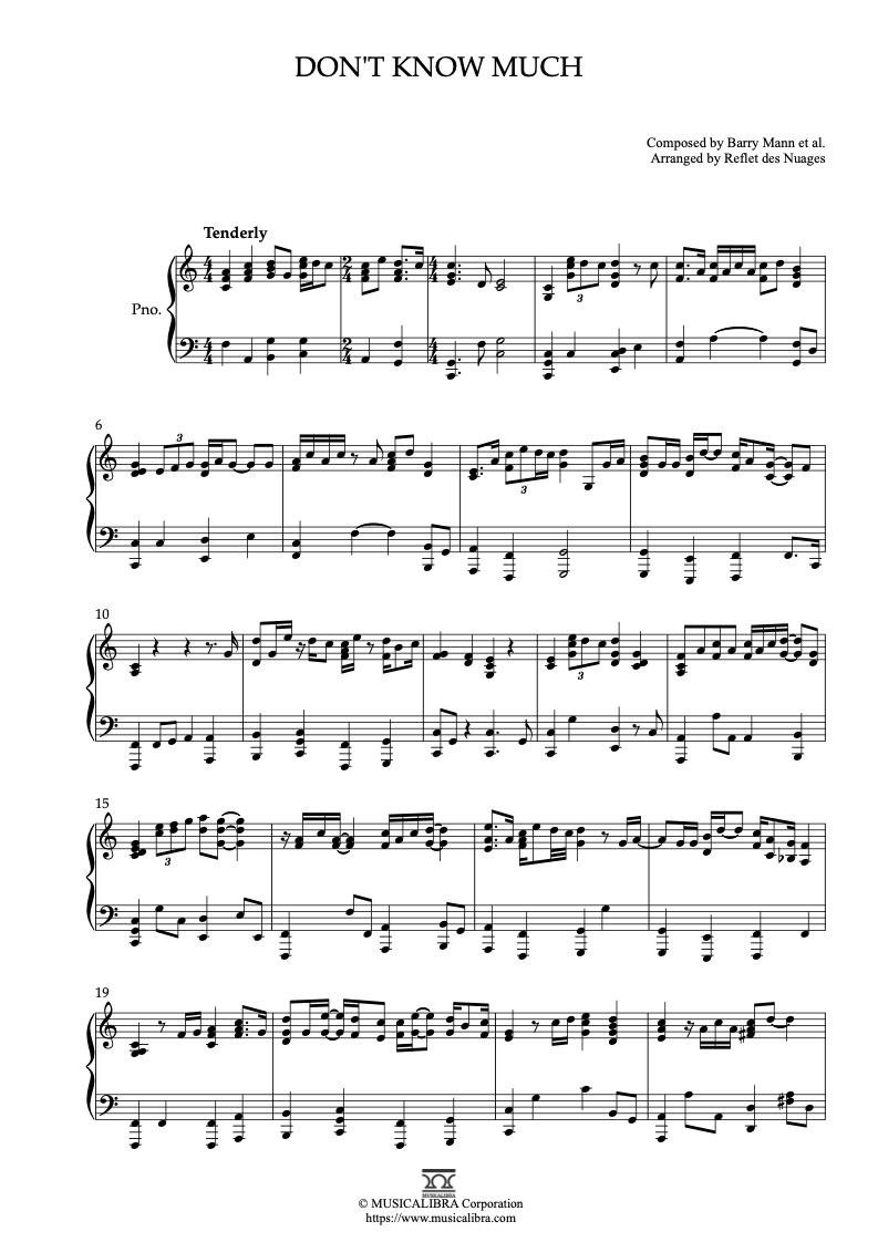 Sheet music of Linda Ronstadt and Aaron Neville Don't Know Much arranged for piano solo preview page 1