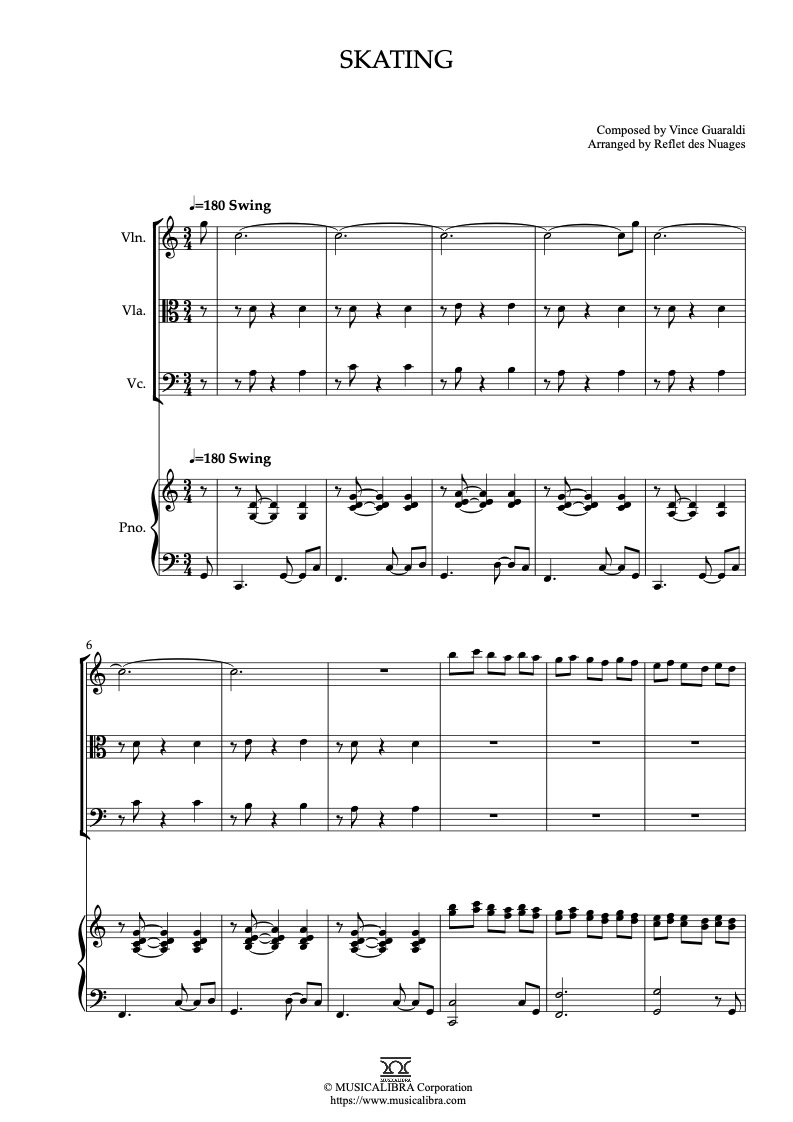 Sheet music of Vince Guaraldi Skating arranged for violin, viola, cello and piano quartet chamber ensemble preview page 1