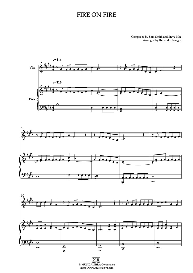 Partitura de Watership Down Fire on Fire arreglada para dueto de violín y piano