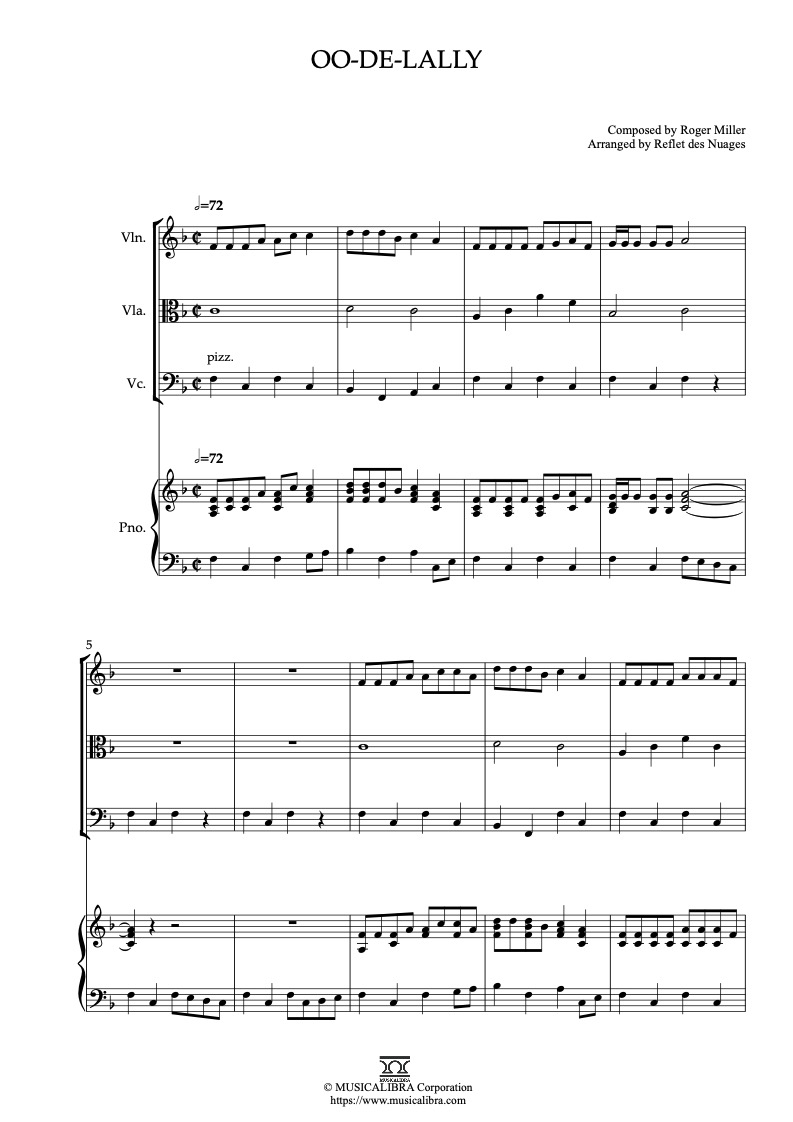 Partitura de Robin Hood Oo-De-Lally arreglada para cuarteto de violín, viola, violonchelo y piano