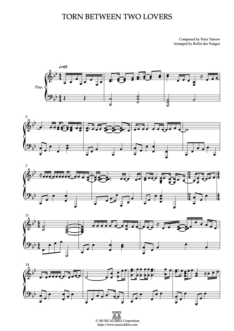 [PIANO SOLO SHEET MUSIC] Torn Between Two Lovers : MUSICALIBRA