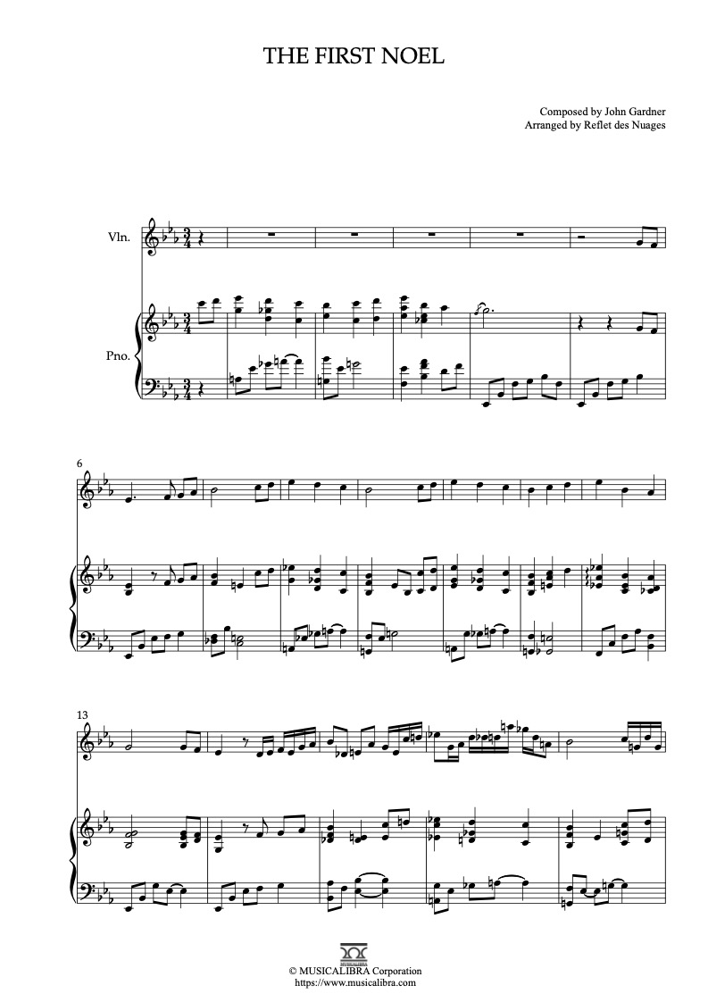 Sheet music of The First Noel arranged for violin and piano duet preview page 1