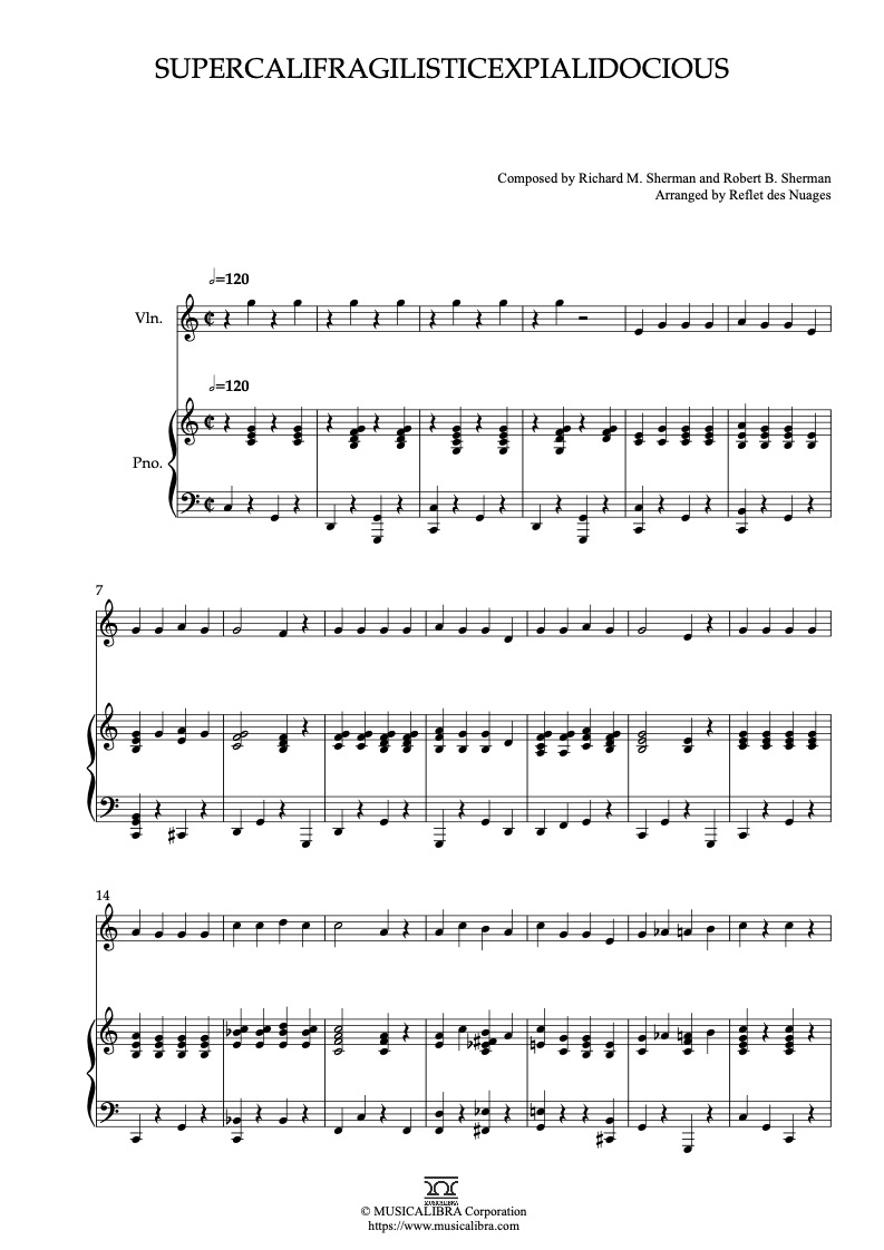 Mary Poppins Supercalifragilisticexpialidocious 二重奏 乐谱 - 小提琴, 钢琴