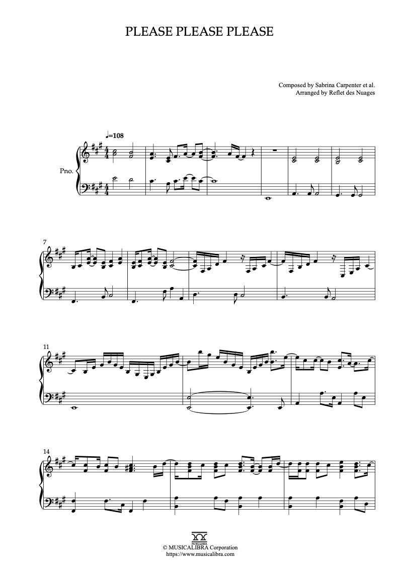 Sheet music of Sabrina Carpenter Please Please Please arranged for piano solo preview page 1