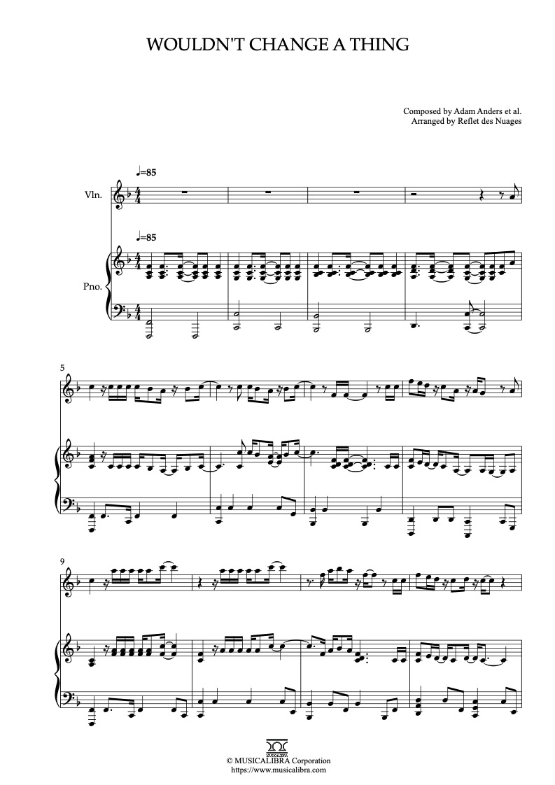 Sheet music of Camp Rock Wouldn't Change a Thing arranged for violin and piano duet preview page 1