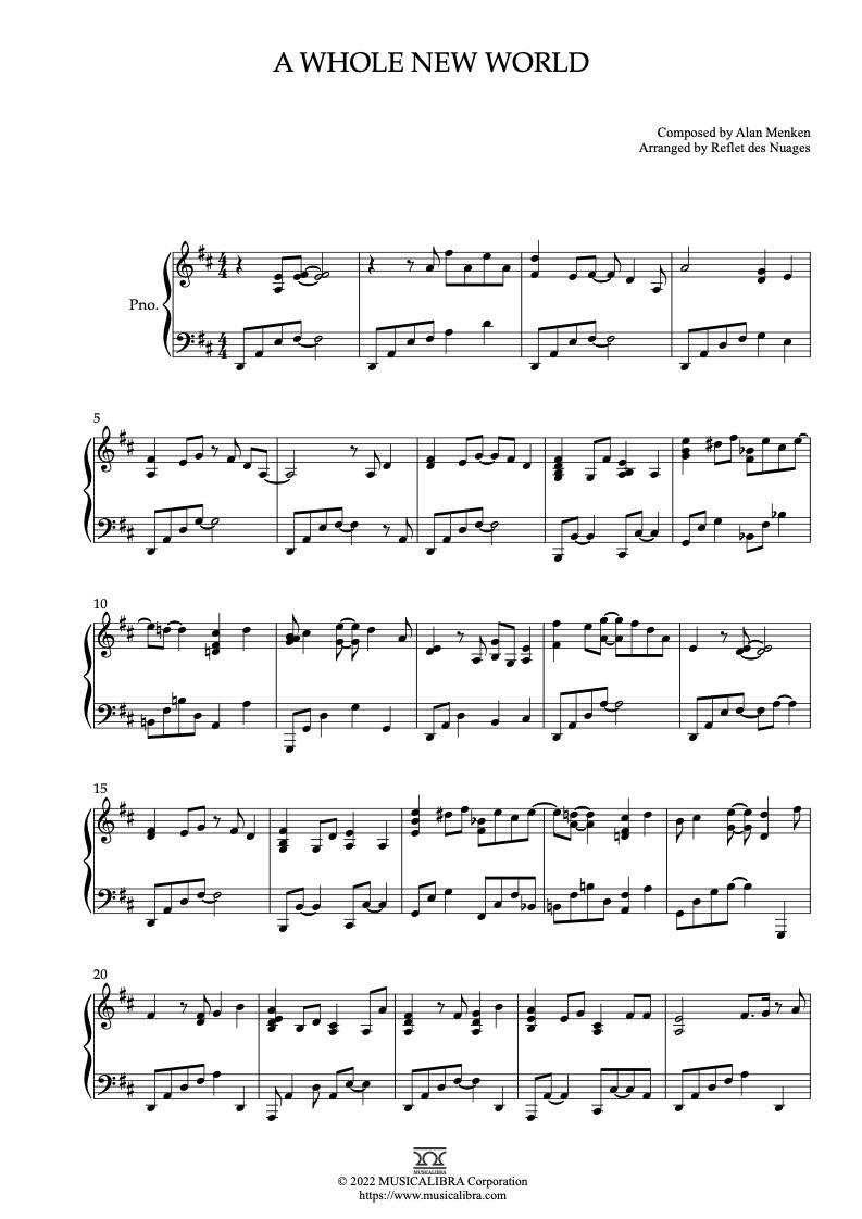 PIANO SOLO 楽譜] アラジン A Whole New World ピアノ 編曲 楽譜