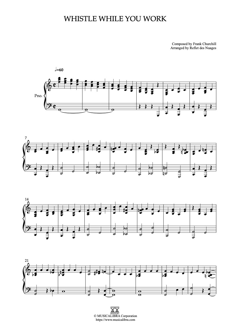Partitura de Snow White and the Seven Dwarfs Whistle While You Work arreglada para piano solo