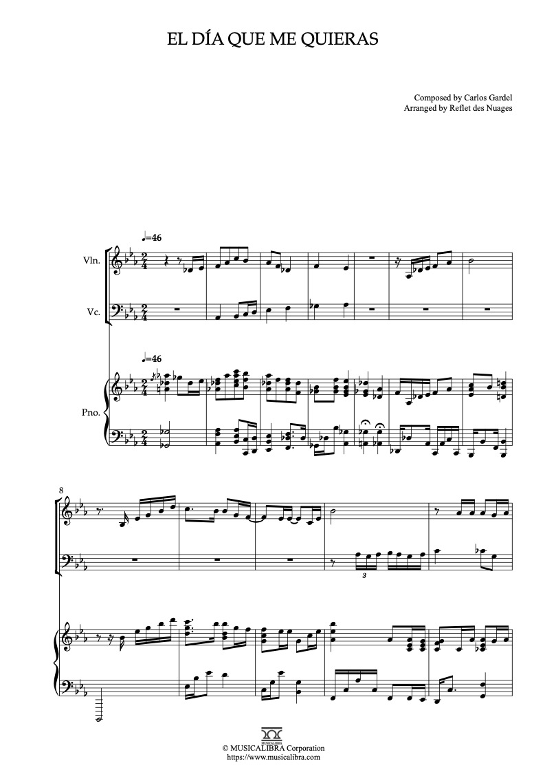 Carlos Gardel El día que me quieras 三重奏 乐谱 - 小提琴, 大提琴, 钢琴