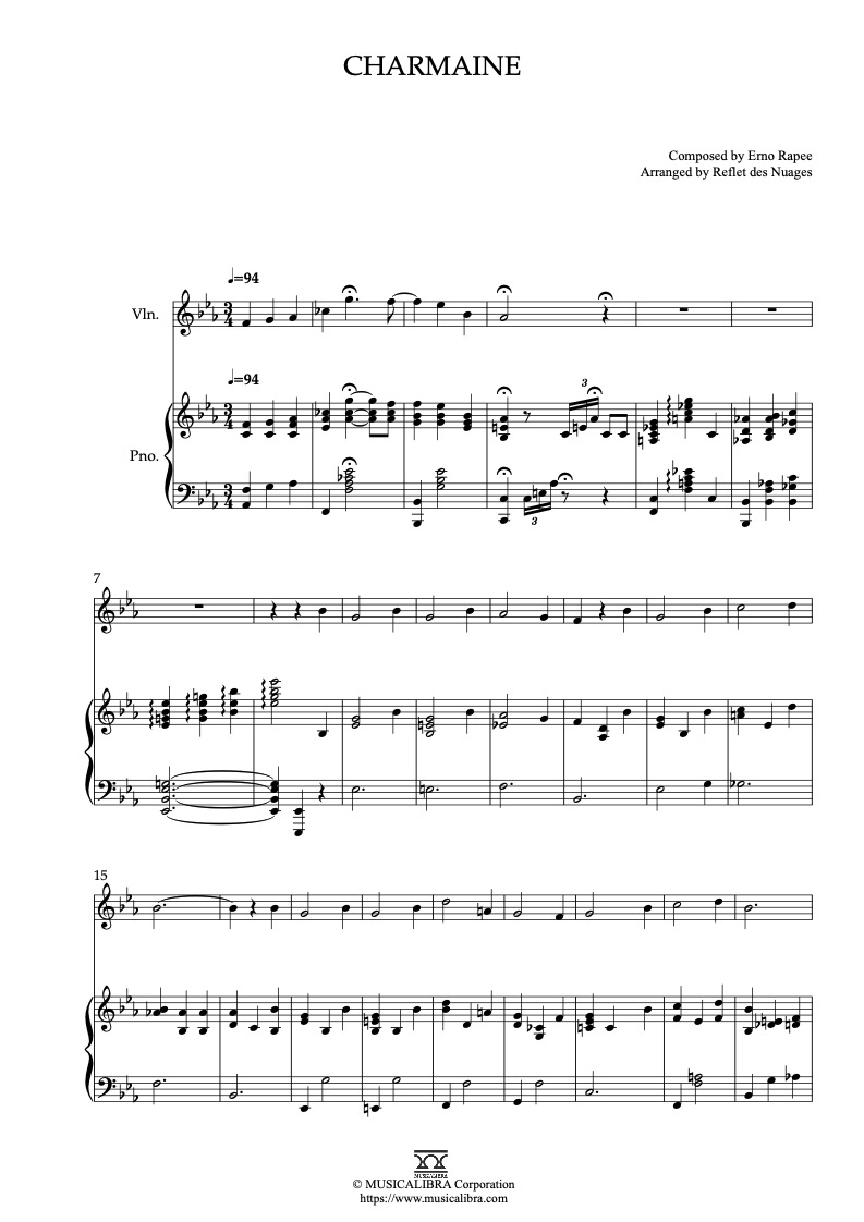 Sheet music of Charmaine arranged for violin and piano duet chamber ensemble preview page 1