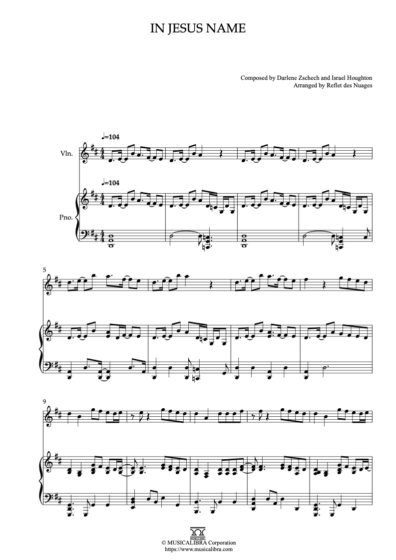 Sheet music of In Jesus Name arranged for violin and piano duet chamber ensemble preview page 1