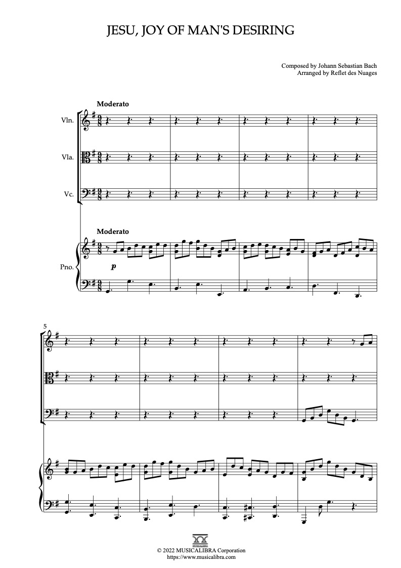 Jesu, Joy of Man's Desiring 四重奏 乐谱 - 小提琴, 中提琴, 大提琴, 钢琴