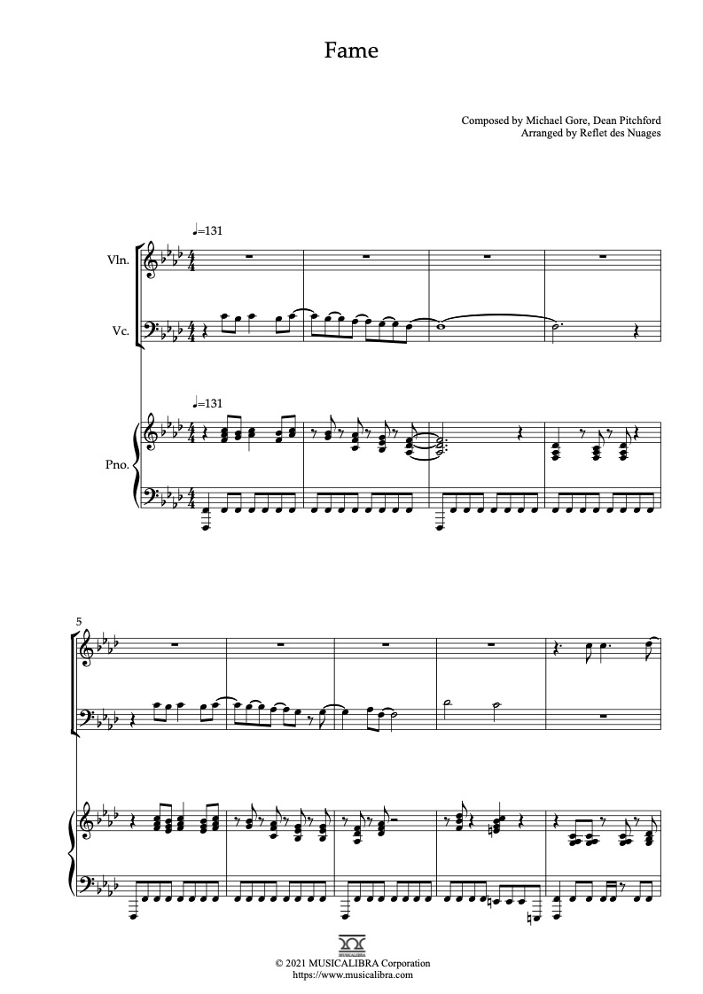 Irene Cara Fame 編曲楽譜 - ヴァイオリン、チェロ、ピアノトリオ