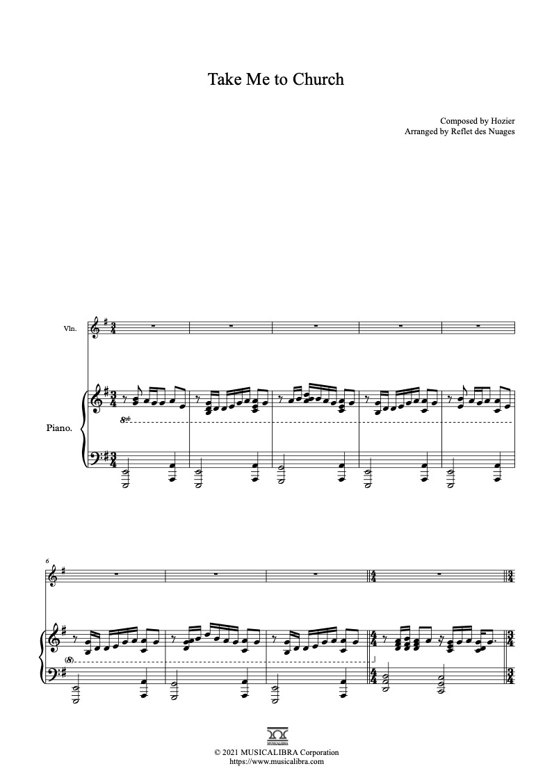 Take Me to Church 二重奏 樂譜 - 小提琴, 鋼琴