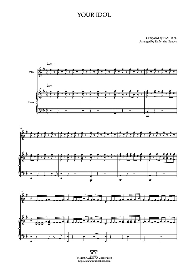 Partitura de KPop Demon Hunters Your Idol arreglada para dueto de violín y piano