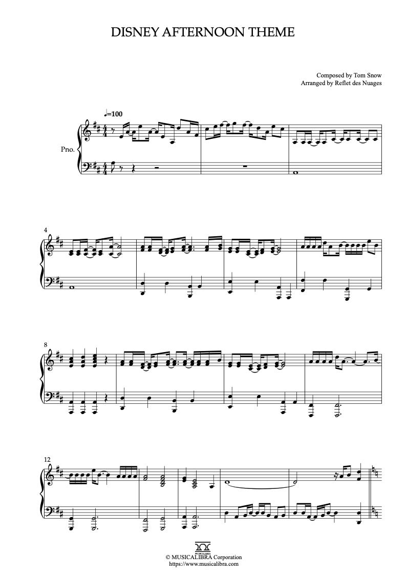 Disney Afternoon Theme ピアノソロ 編曲 楽譜
