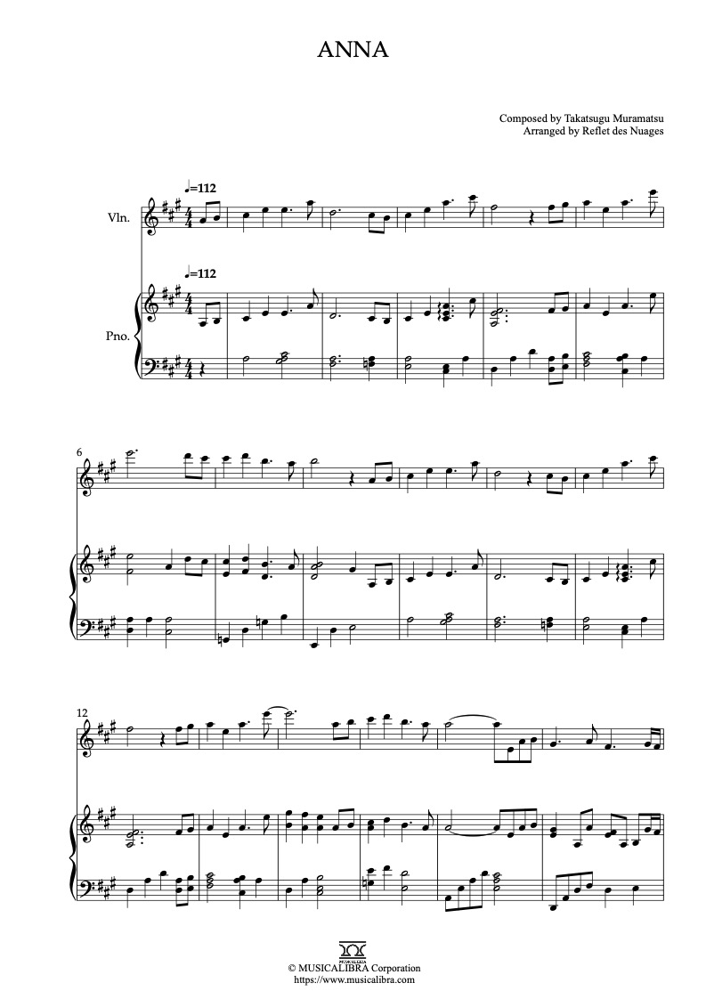 When Marnie Was There Anna 編曲楽譜 - ヴァイオリン、ピアノデュエット