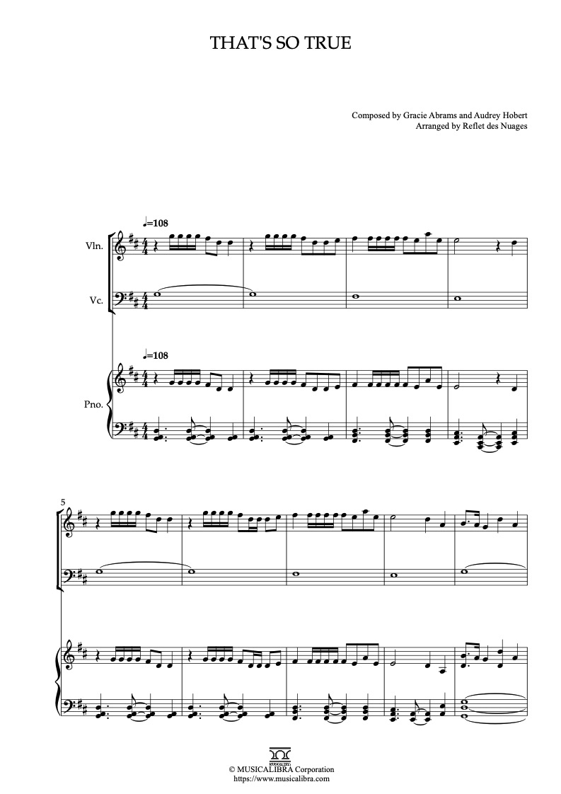 Sheet music of Gracie Abrams That's So True arranged for violin, cello and piano trio chamber ensemble preview page 1