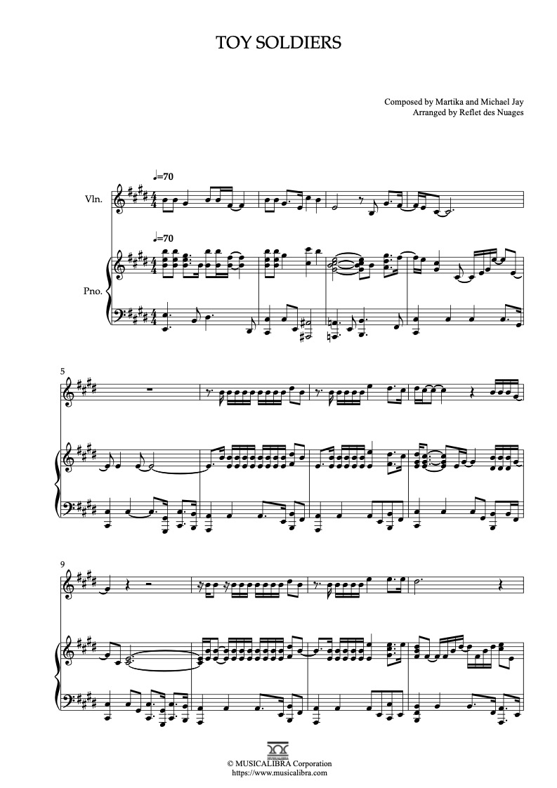 Sheet music of Martika Toy Soldiers arranged for violin and piano duet preview page 1