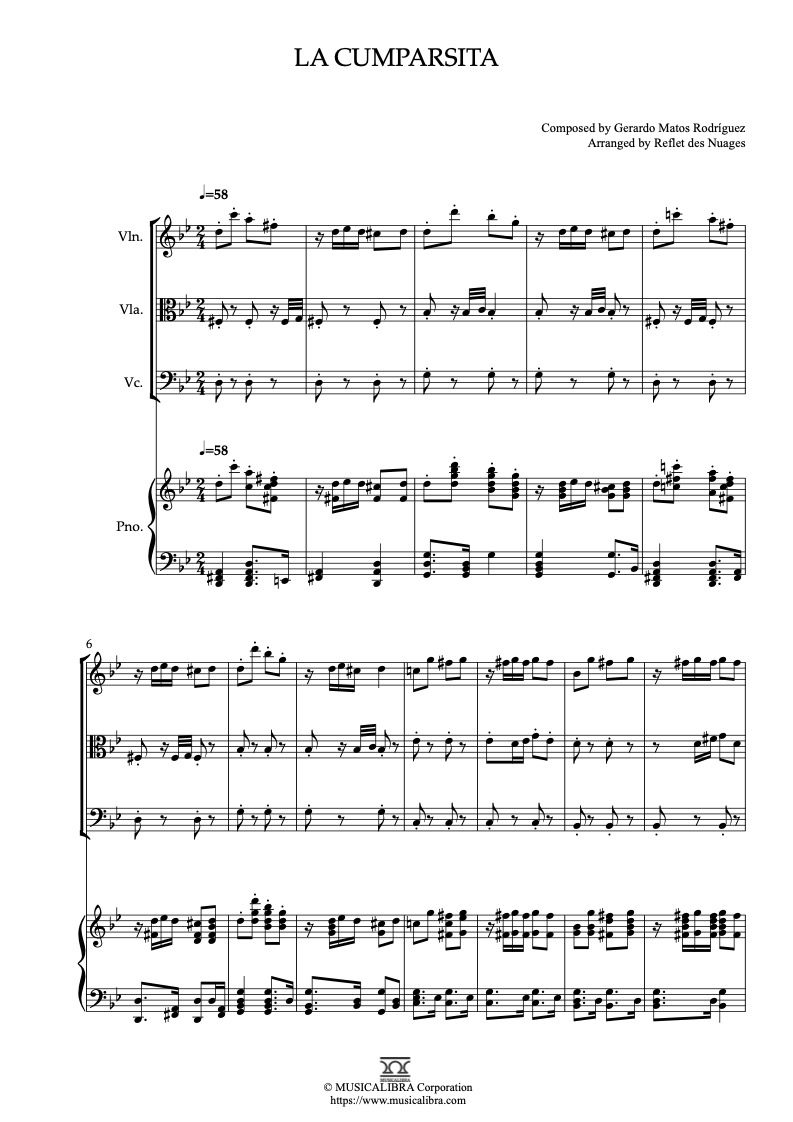 Sheet music of La Cumparsita arranged for violin, viola, cello and piano quartet chamber ensemble preview page 1