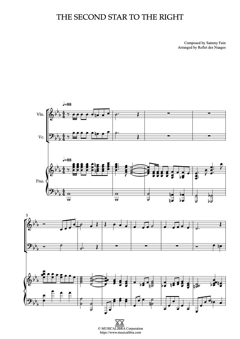 Sheet music of Peter Pan The Second Star to the Right arranged for violin, cello and piano trio chamber ensemble preview page 1