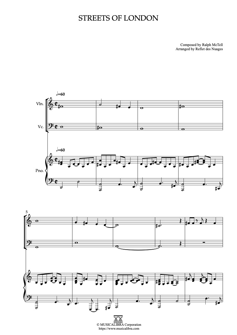 Sheet music of Streets of London arranged for violin, cello and piano trio chamber ensemble preview page 1